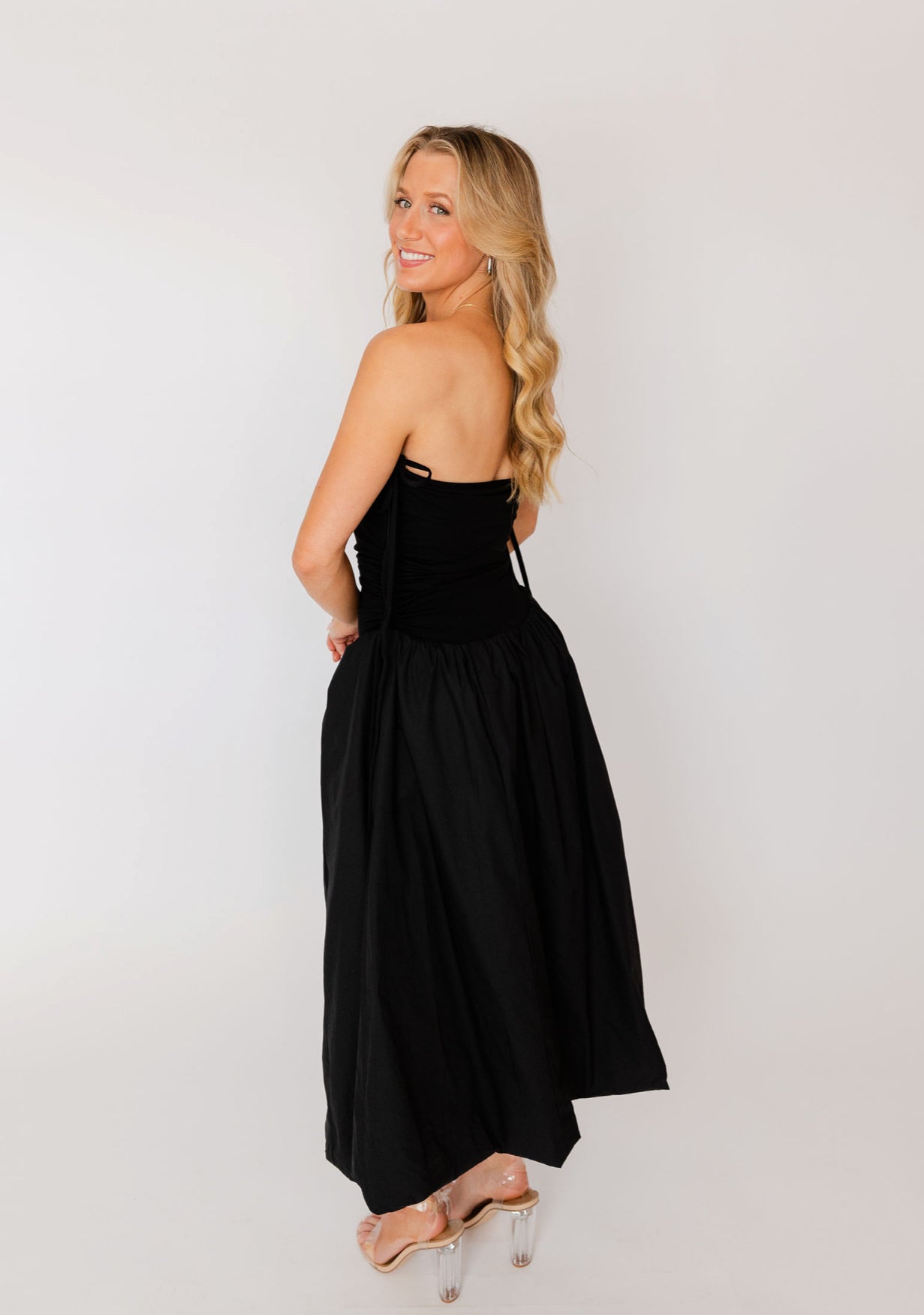 SHOULDER TIE SIDE DRAWSTRING MIDI BUBBLE DRESS
