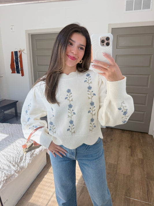 Floral Embroidered Scallop Sweater