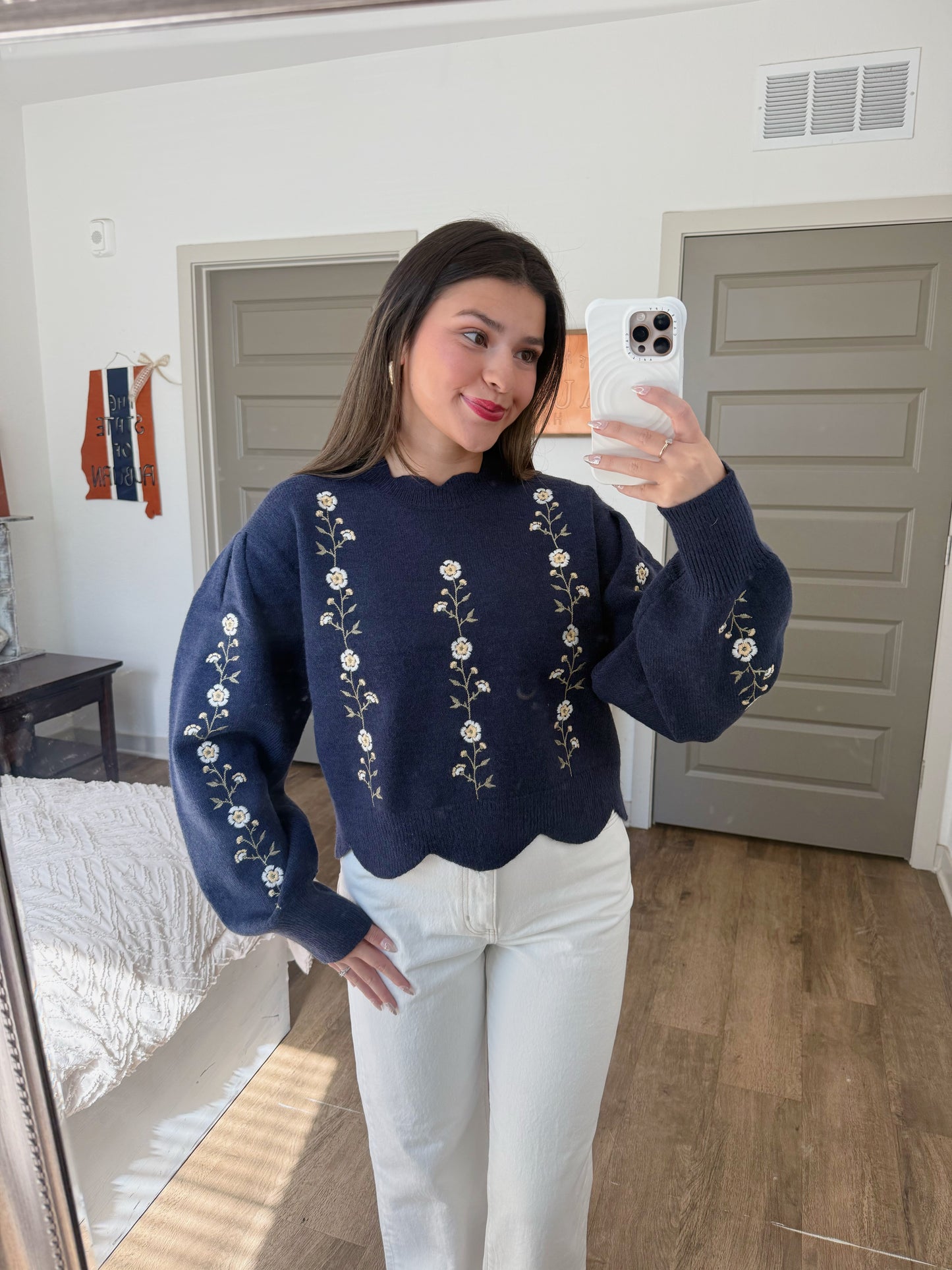 Floral Embroidered Scallop Sweater