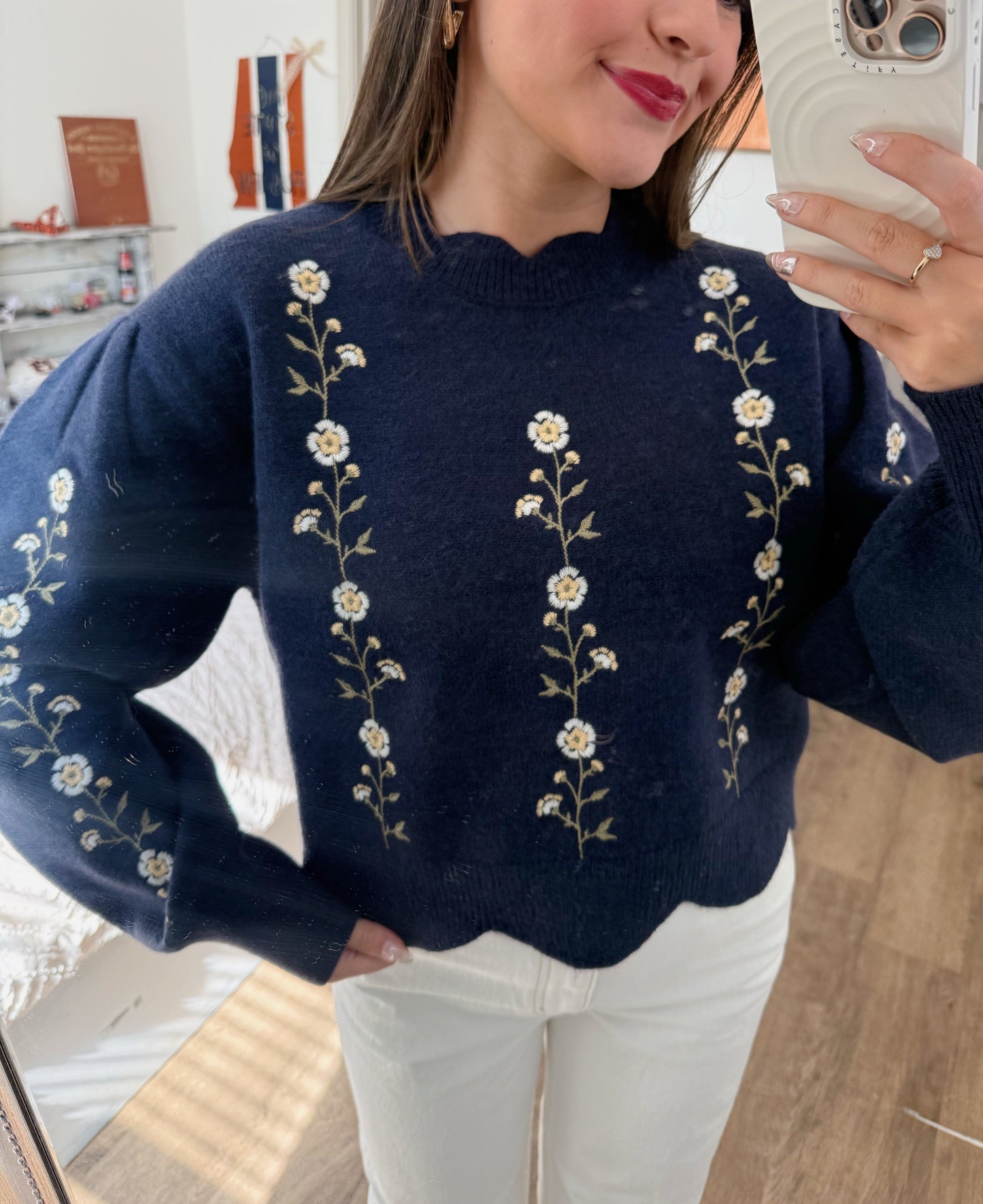 Floral Embroidered Scallop Sweater