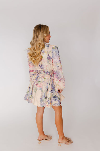 Long Sleeves Floral Print Belted-Waist Mini Dress
