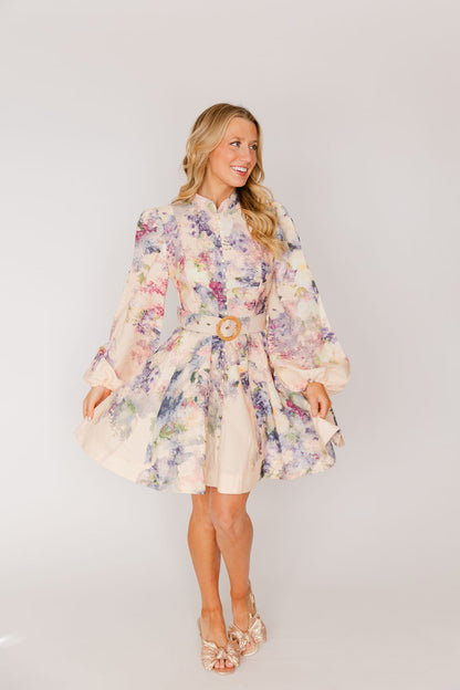 Long Sleeves Floral Print Belted-Waist Mini Dress