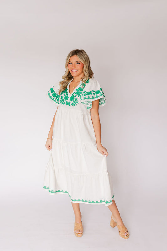 Flutter Sleeve Embroidered Dress