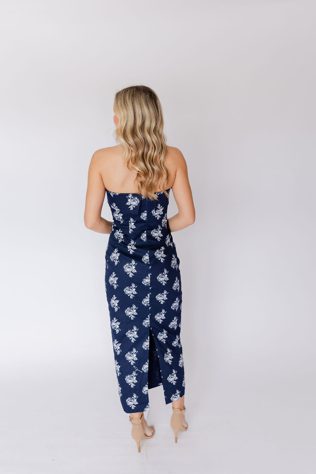 ROSE FLORAL PRINTED STRAPLESS MIDI DRESS