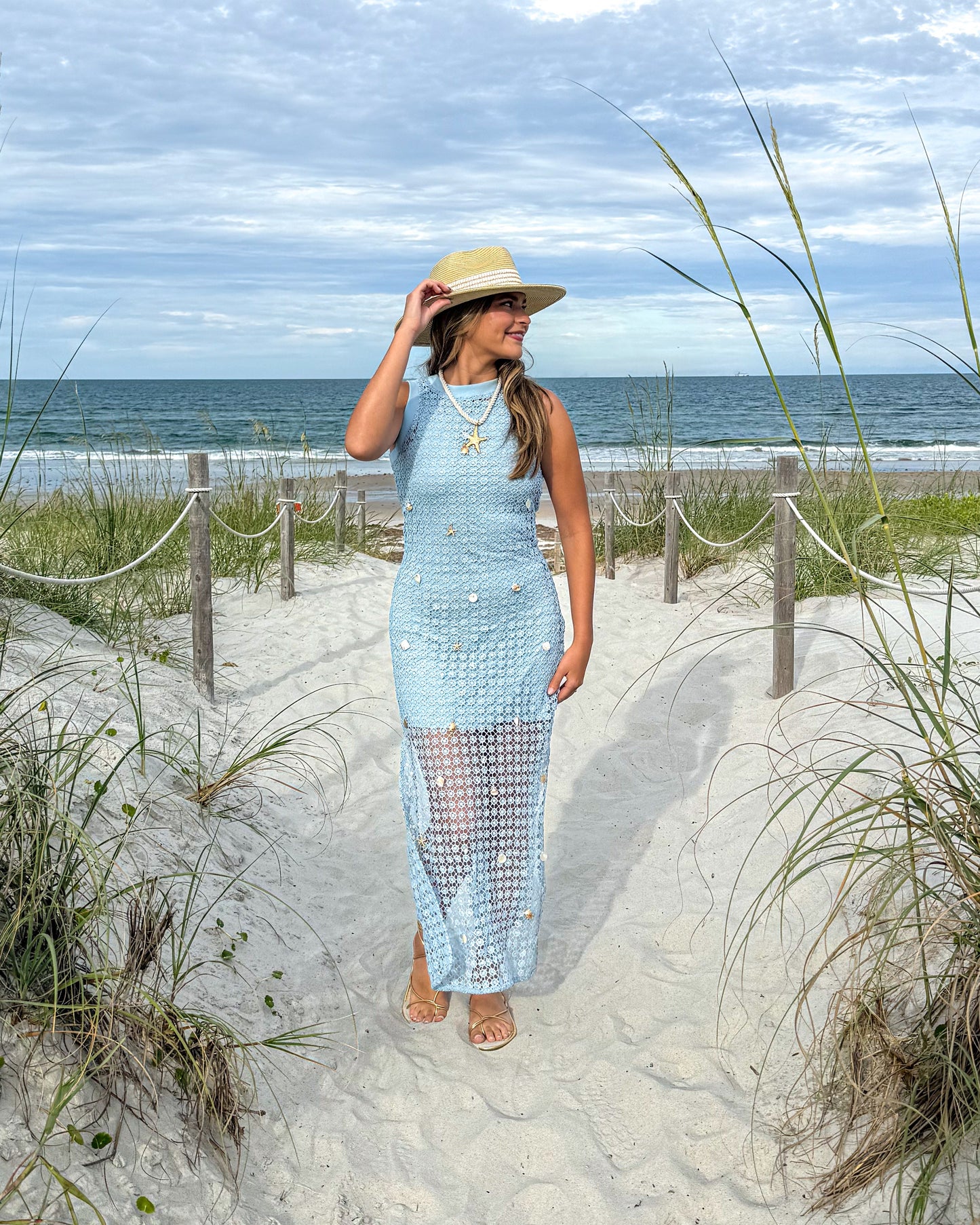 Ocean Net Shell Embroidered Bodycon Dress
