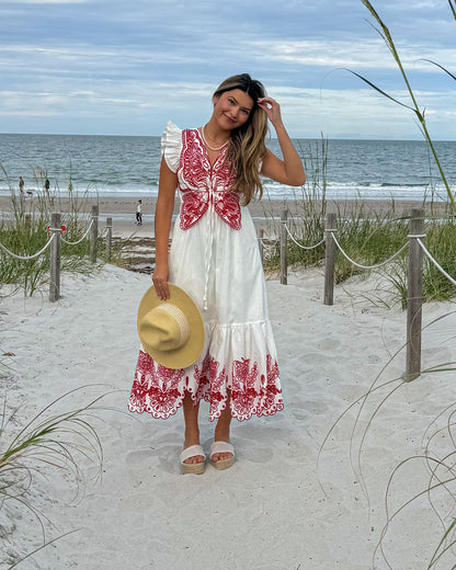 Cut Out Embroidered Flutter Sleeve Dress