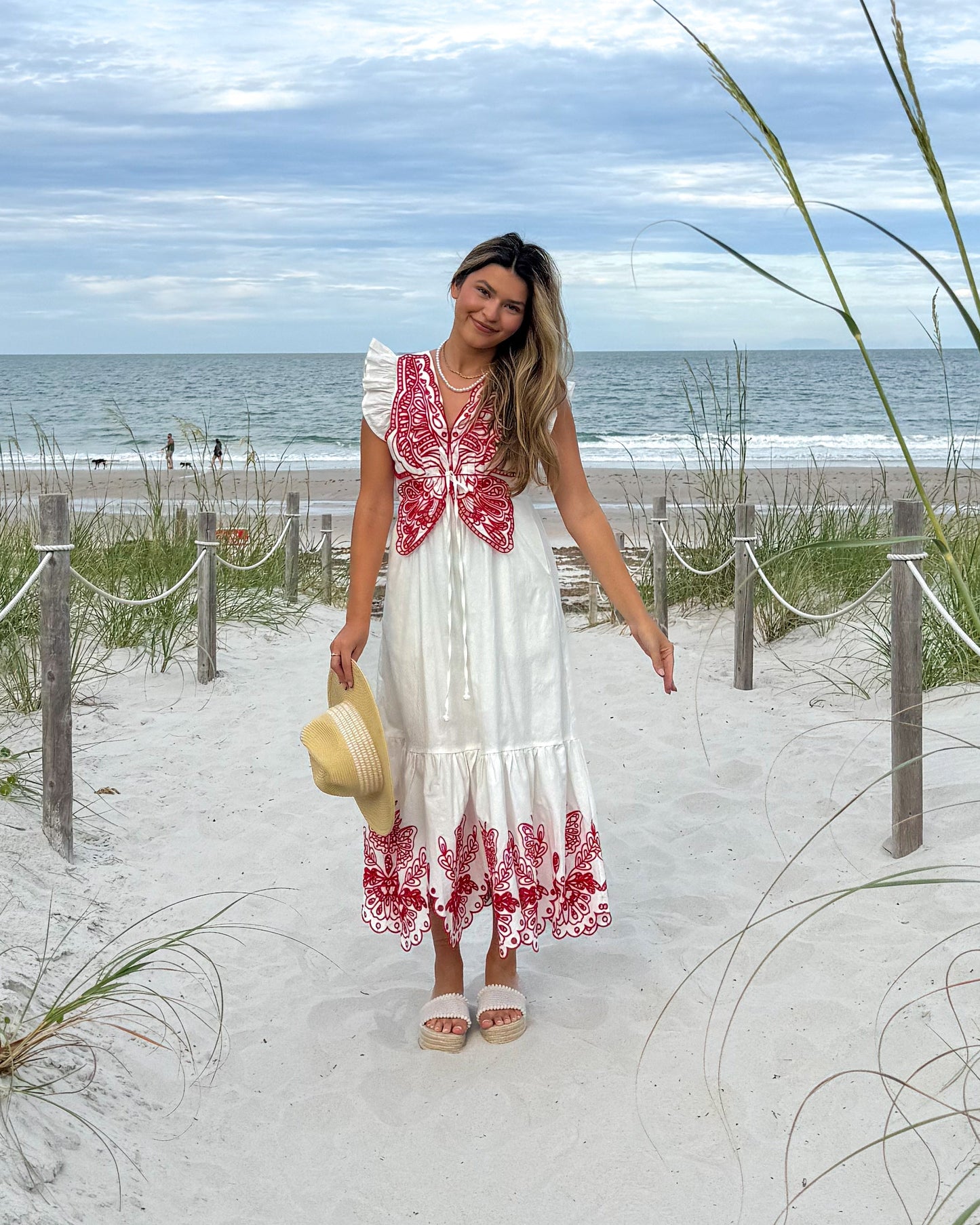 Cut Out Embroidered Flutter Sleeve Dress