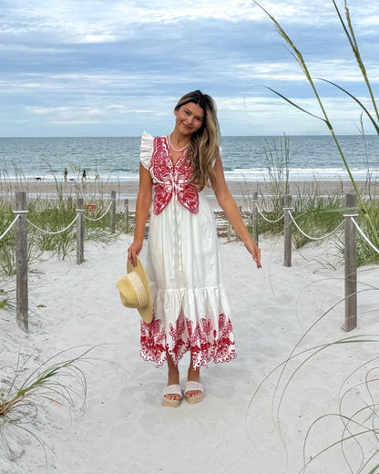 Cut Out Embroidered Flutter Sleeve Dress