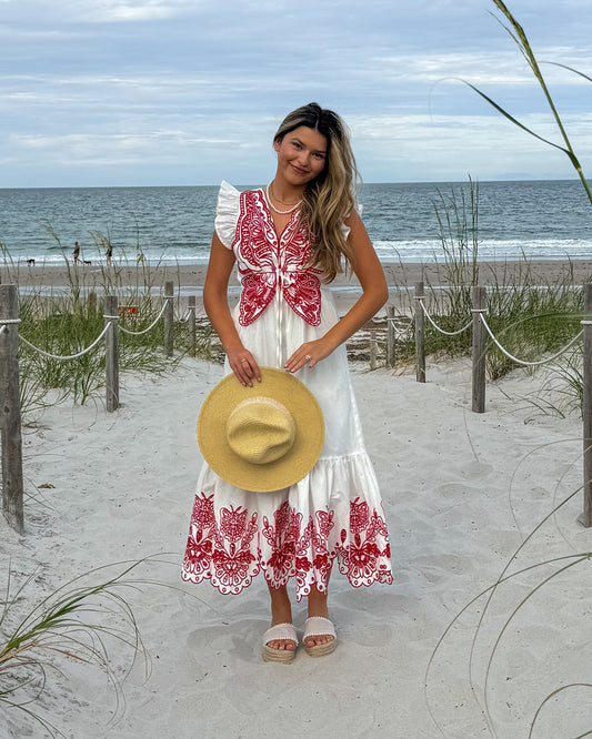 Cut Out Embroidered Flutter Sleeve Dress