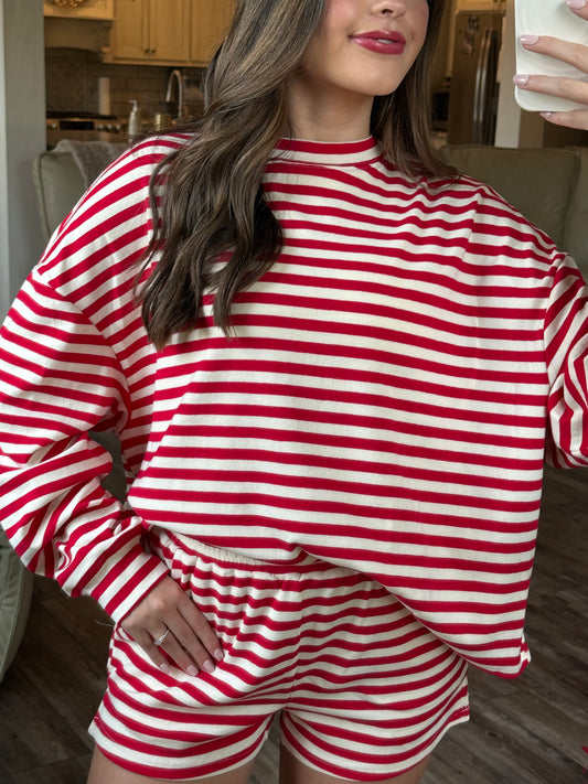 Striped Drop Shoulder Top & Shorts Set
