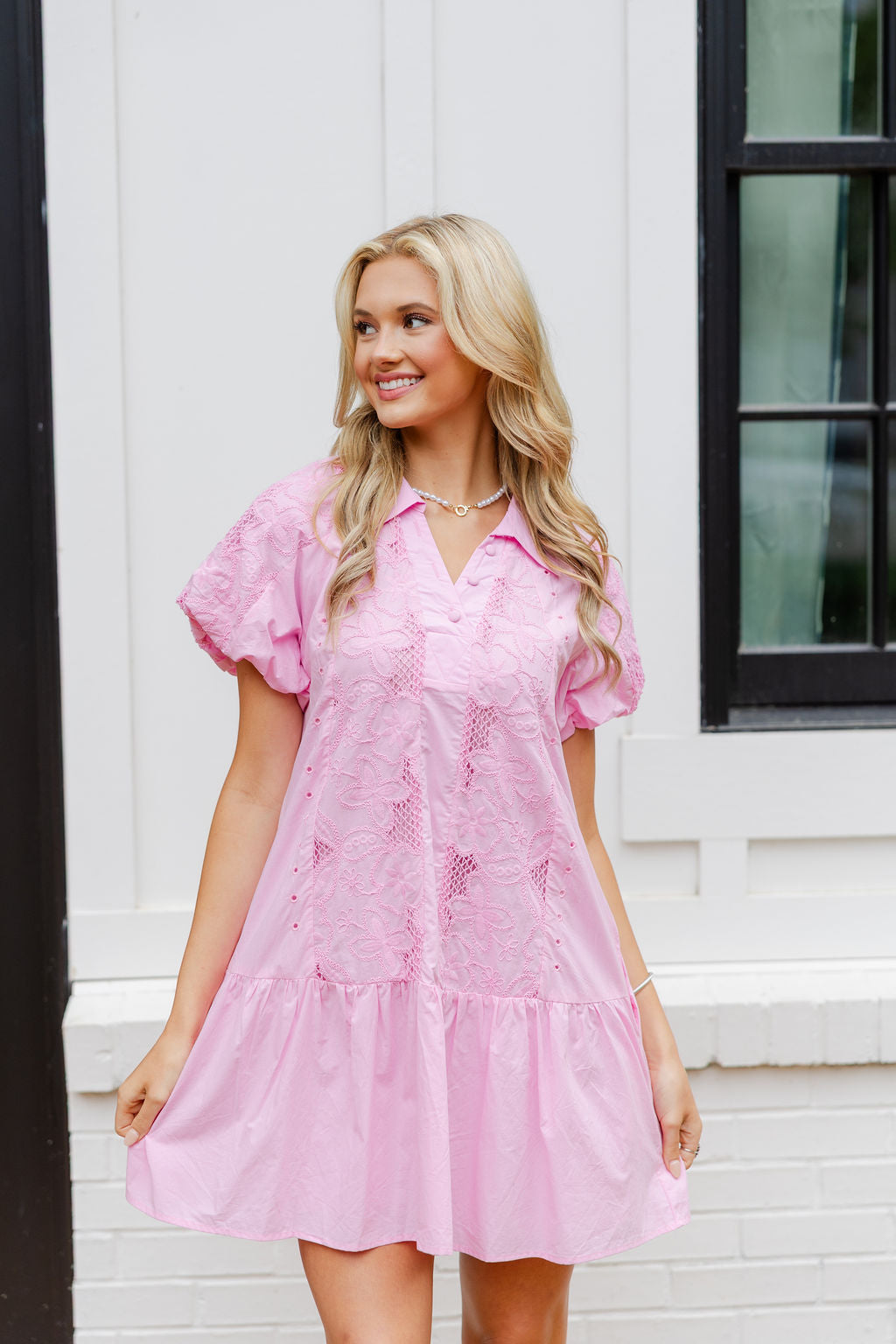 Collared Button Down Puff Sleeve Dress