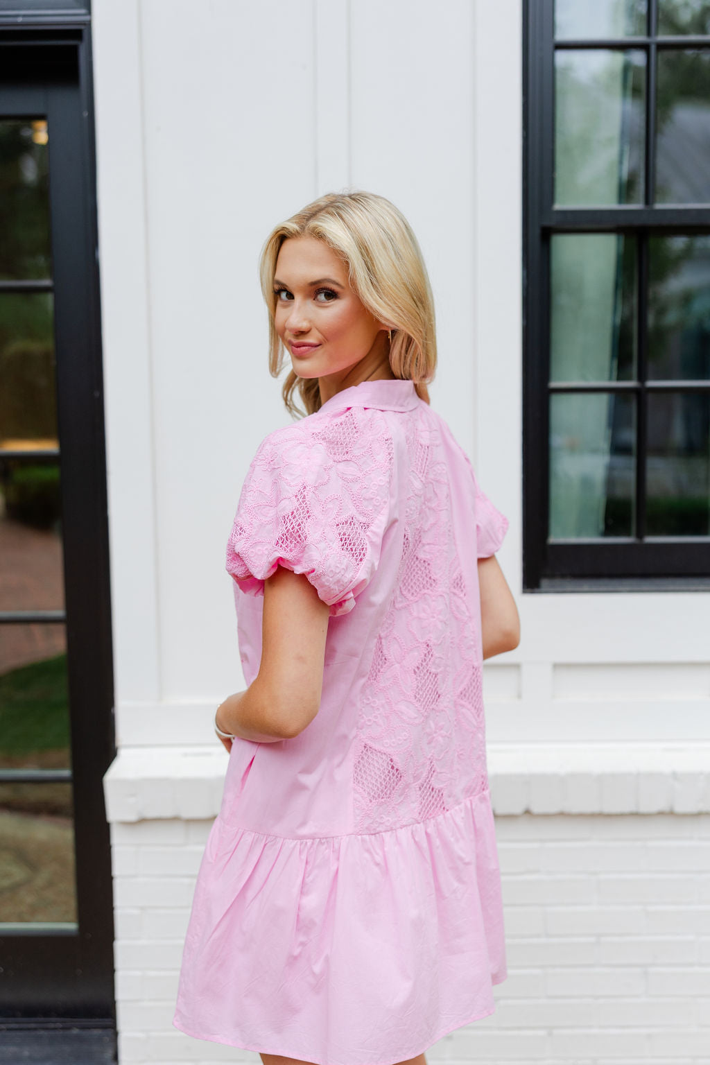 Collared Button Down Puff Sleeve Dress