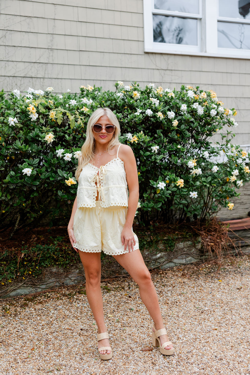Cut Out Embroidered Scallop Cami & Shorts Set