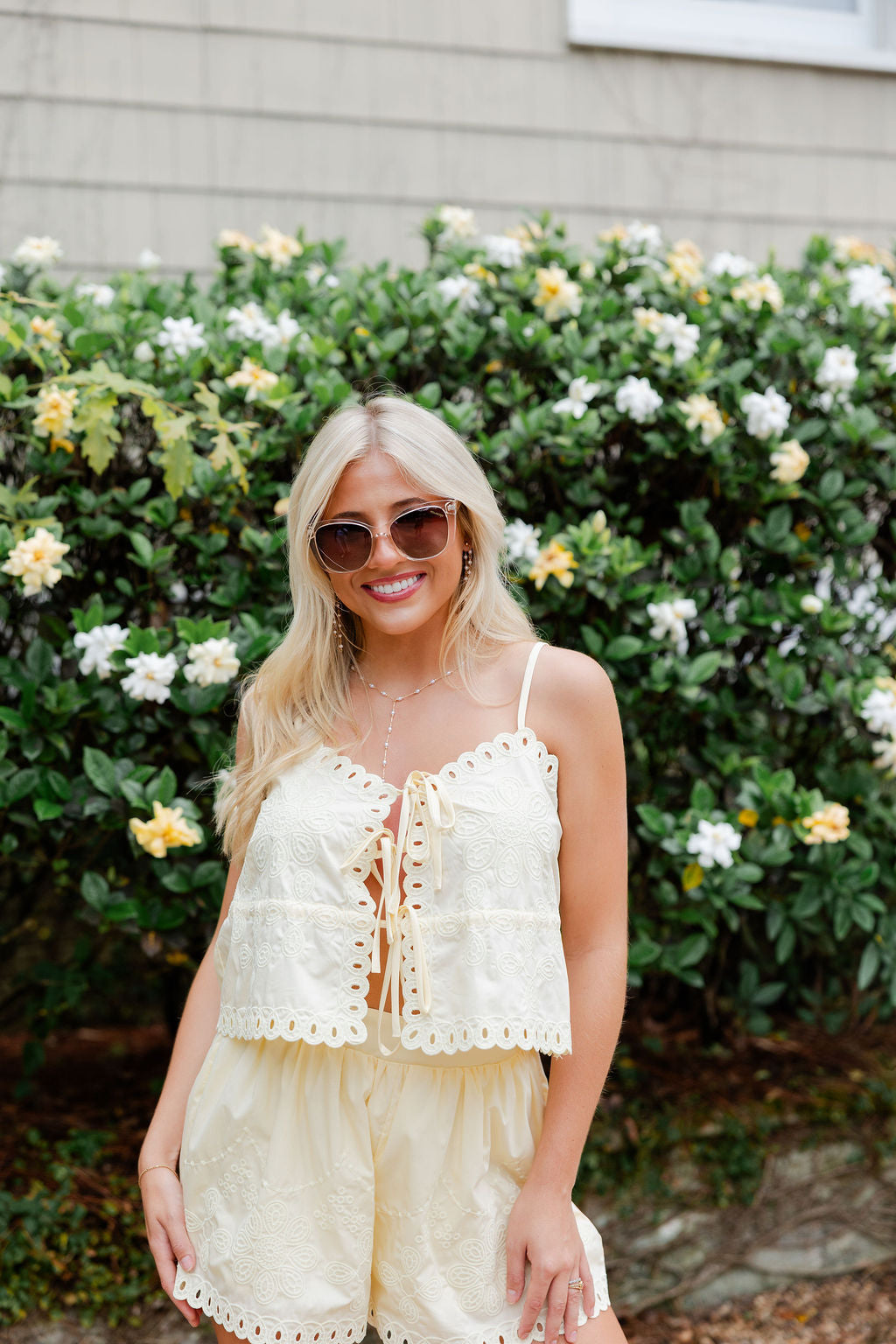 Cut Out Embroidered Scallop Cami & Shorts Set