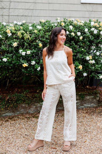 Eyelet Embroidered Wide Leg Pants