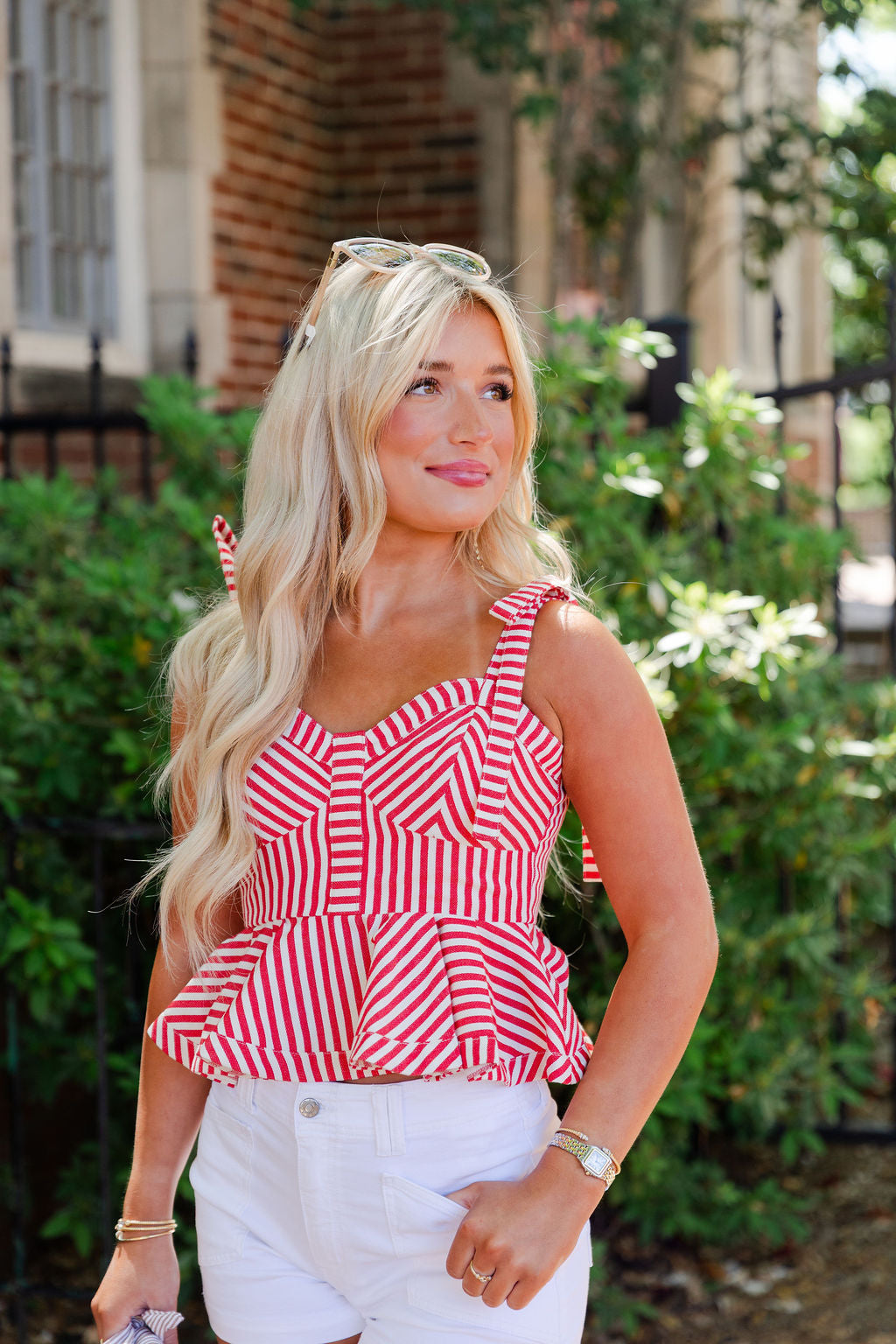 Pinstripe Shoulder Tie Peplum Top – Therapy Boutique