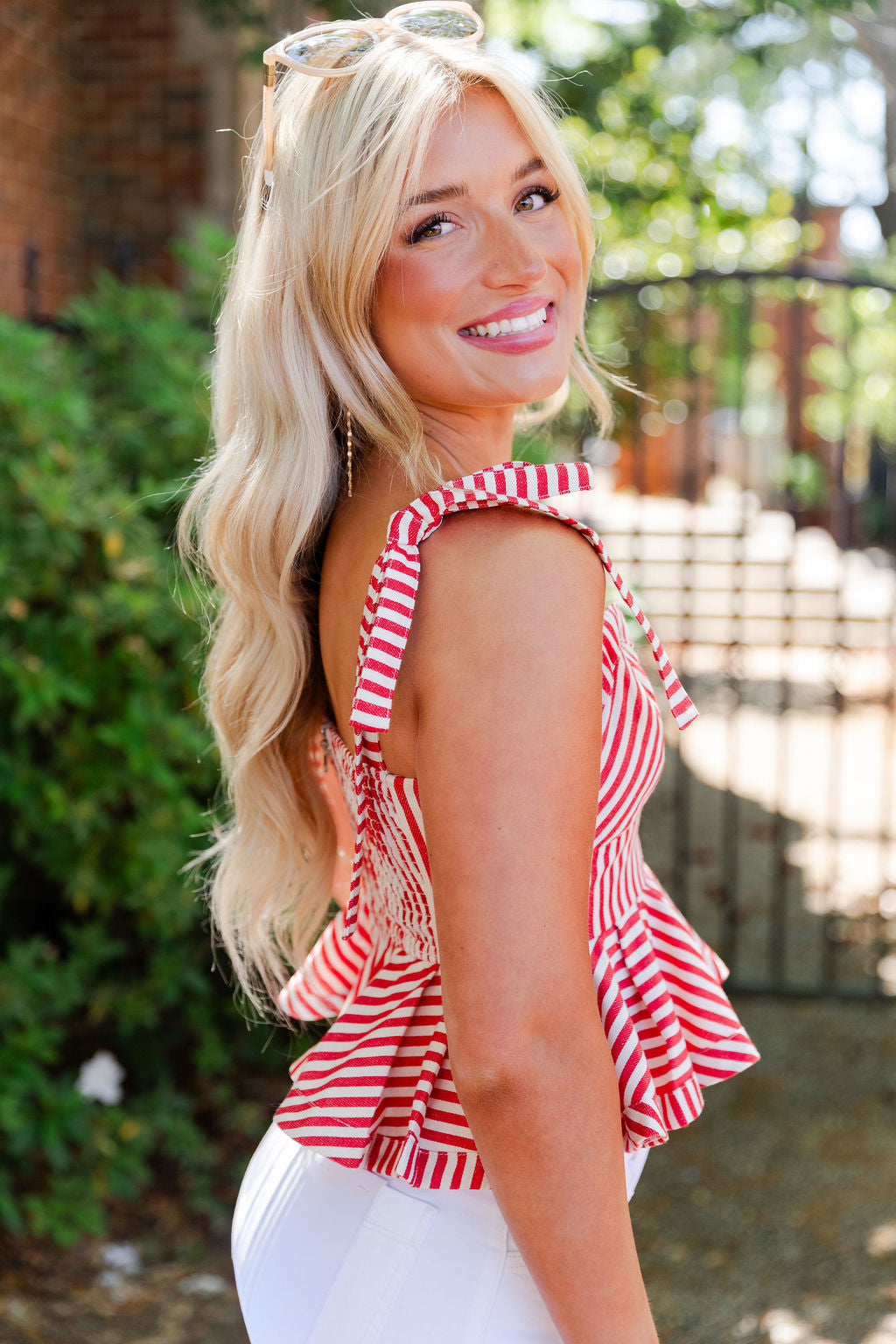 Pinstripe Shoulder Tie Peplum Top
