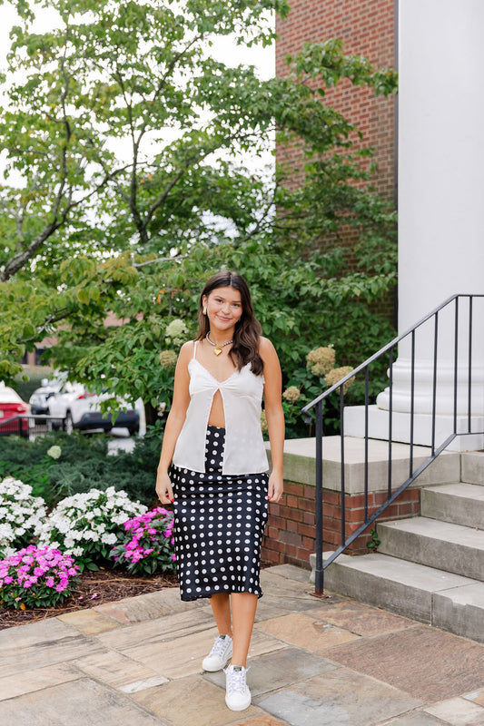 Polka Dot Satin Midi Skirt