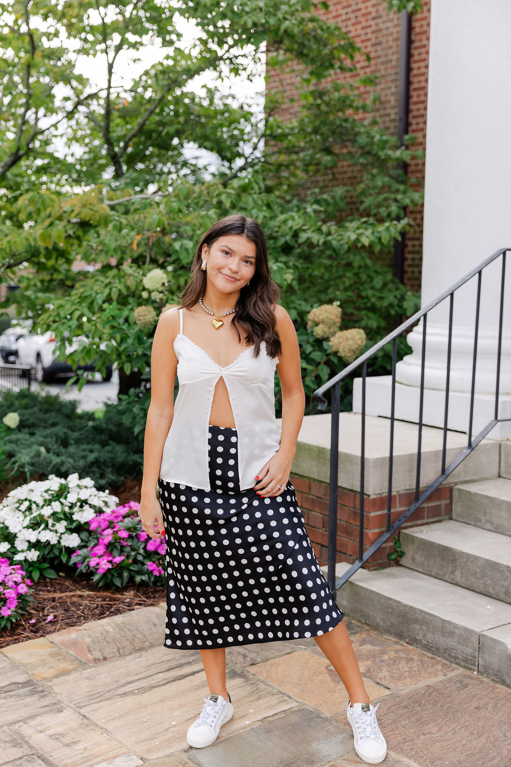 Polka Dot Satin Midi Skirt