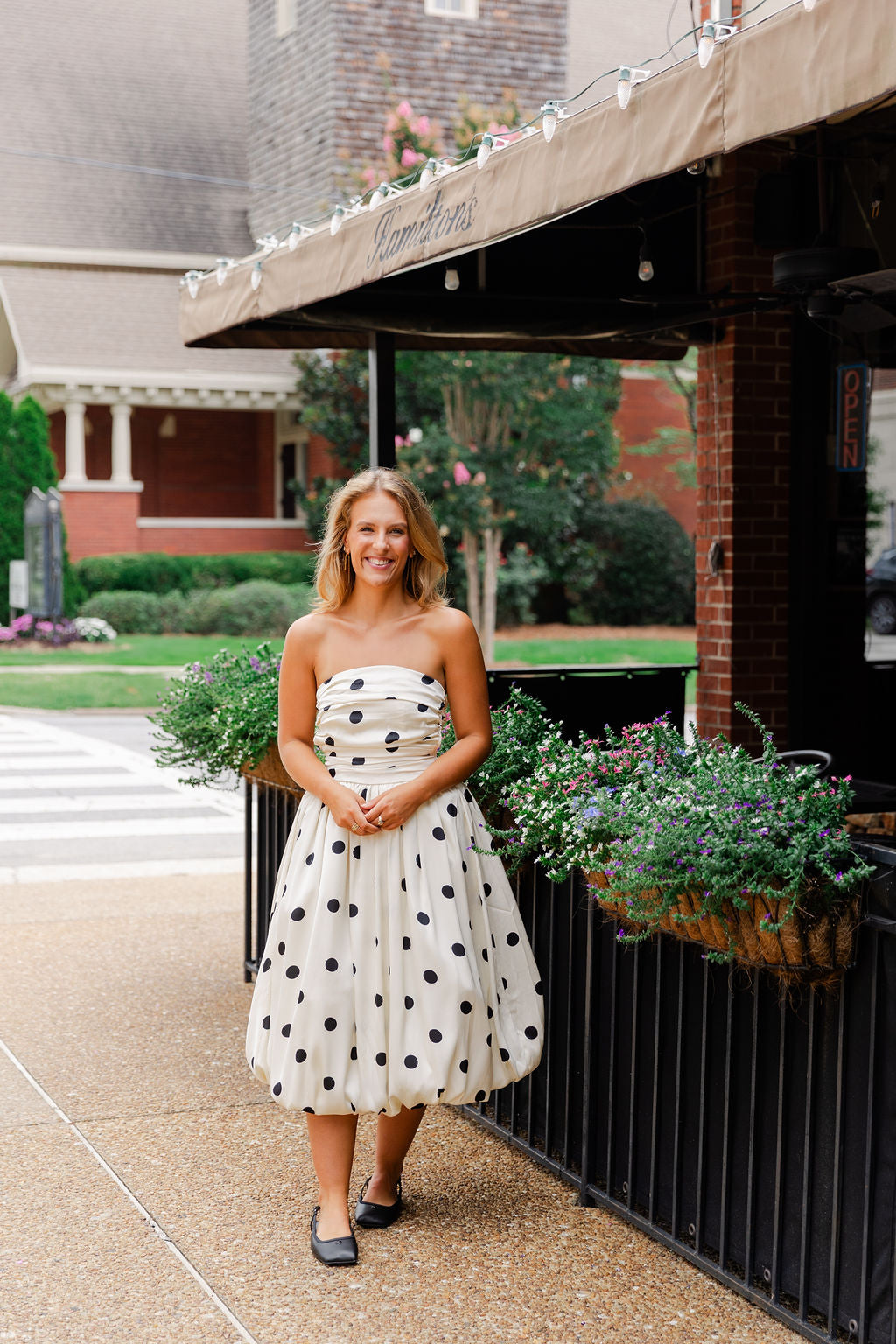 Strapless Back Tie Polka Dot Midi Dress