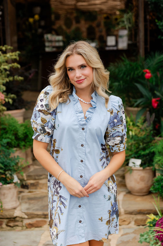 Front Button Ruffle Collar Print Dress