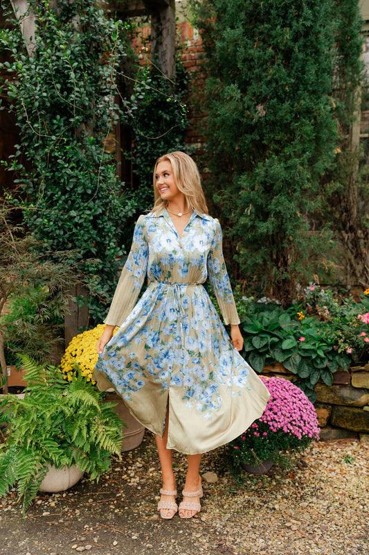 Floral Print Belted Button Down Dress