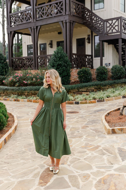 Smocked Front Zipper Midi Dress