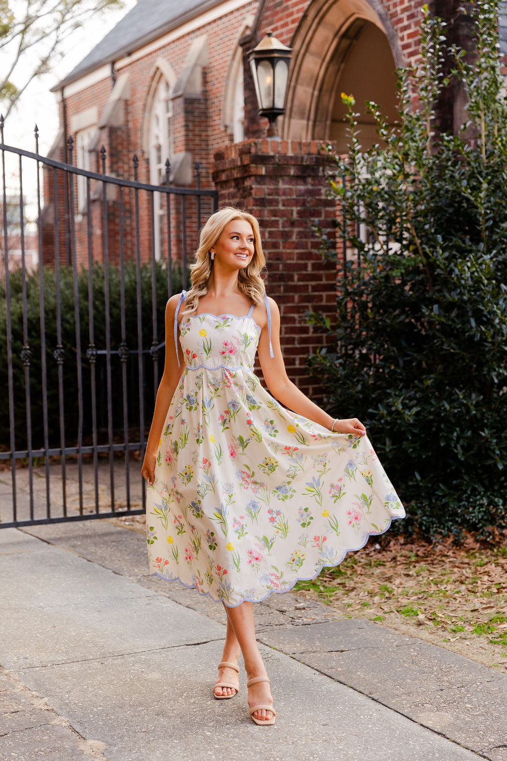 Scallop Edge Floral Shoulder Tie Midi Dress