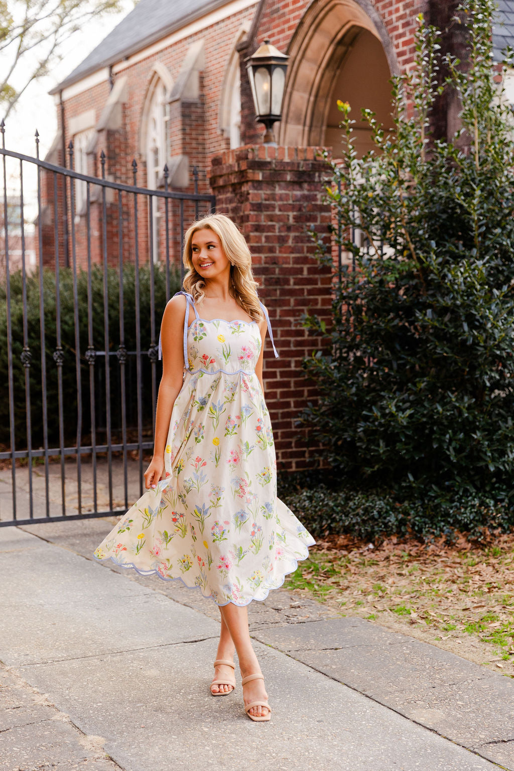 Scallop Edge Floral Shoulder Tie Midi Dress