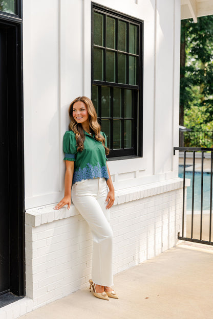Embroidered Smocked Cuff Top
