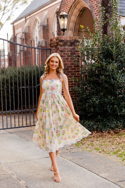 Scallop Edge Floral Shoulder Tie Midi Dress