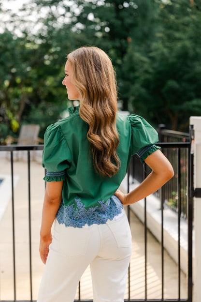 Embroidered Smocked Cuff Top
