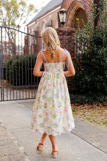 Scallop Edge Floral Shoulder Tie Midi Dress