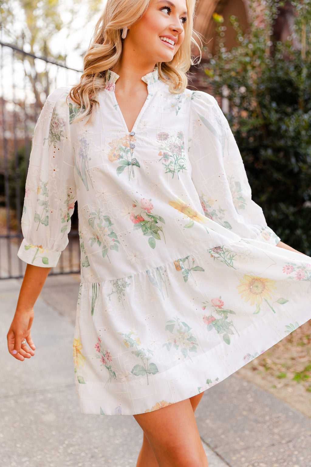 Floral Mock V Neck Dress