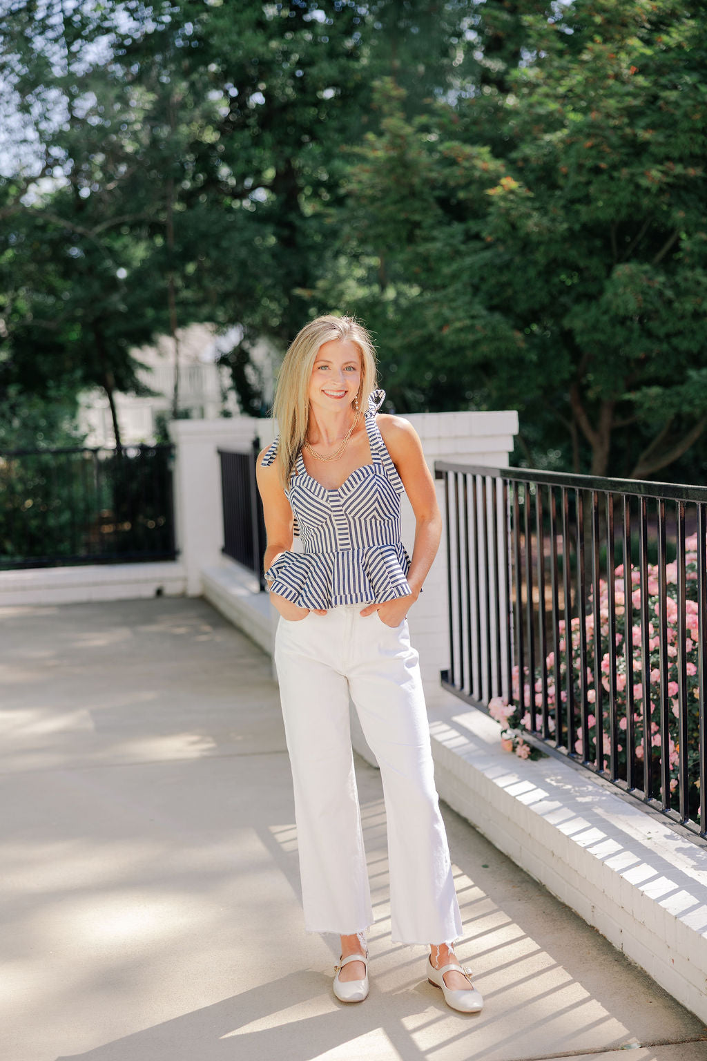 Pinstripe Shoulder Tie Peplum Top
