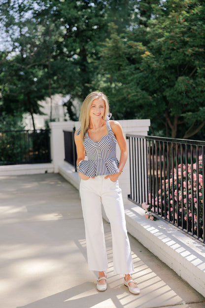 Pinstripe Shoulder Tie Peplum Top