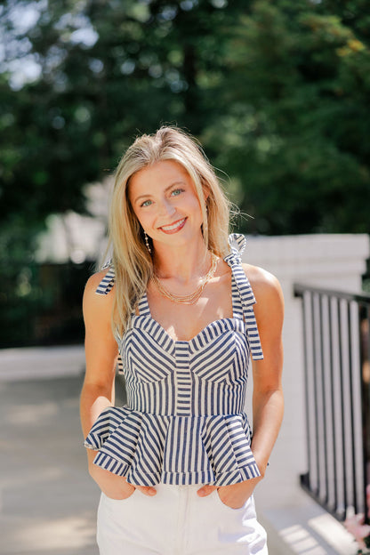 Pinstripe Shoulder Tie Peplum Top