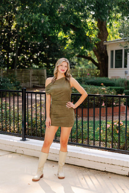 Suede Asymmetric Shoulder Mini Dress