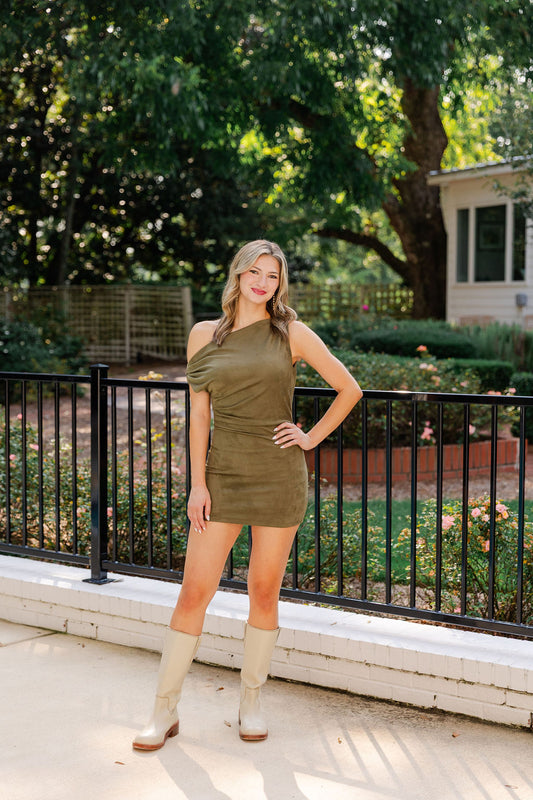 Suede Asymmetric Shoulder Mini Dress