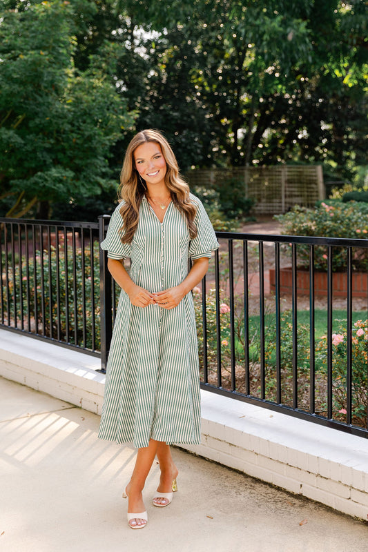 Puff Sleeve Striped Texture Maxi Dress