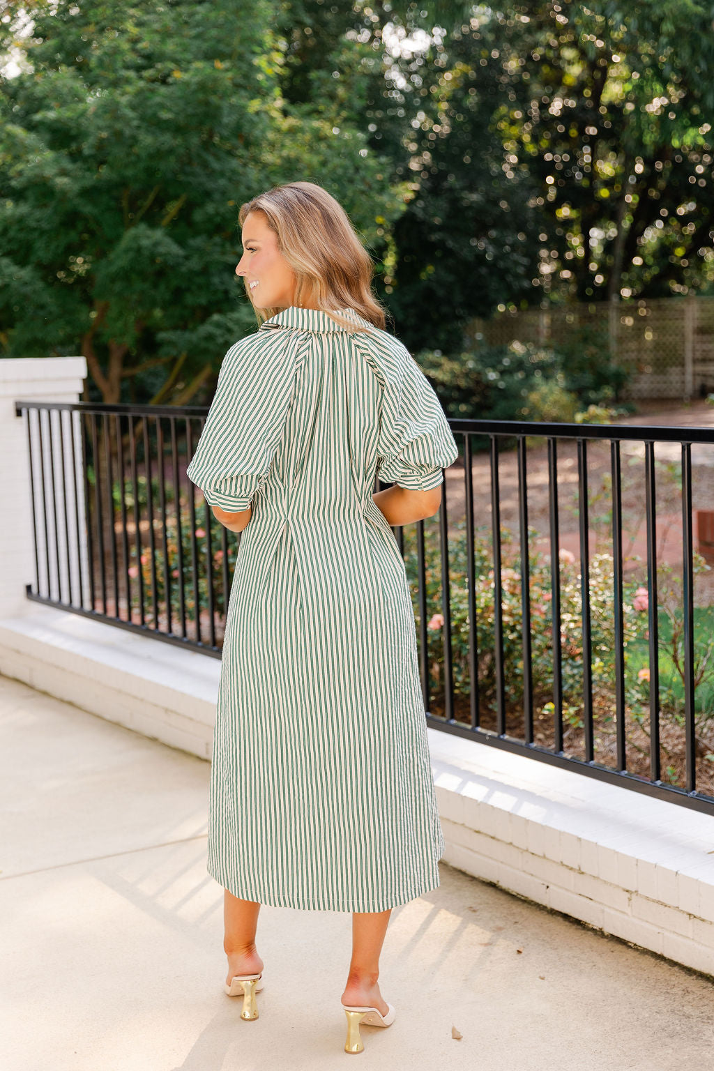 Puff Sleeve Striped Texture Maxi Dress