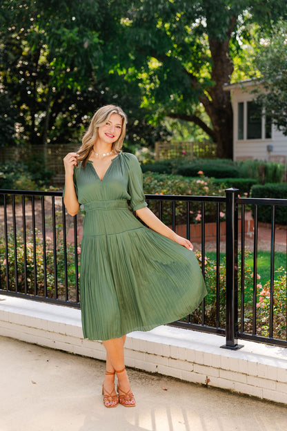 Satin Pleated Skirt Midi Dress