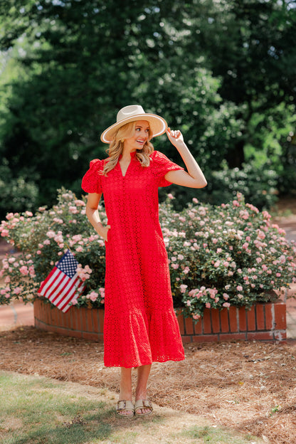 Eyelet Ruffle Mock Neck Midi Dress