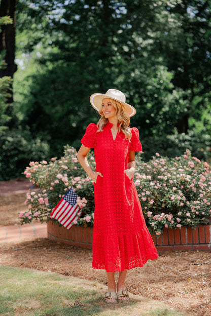 Eyelet Ruffle Mock Neck Midi Dress