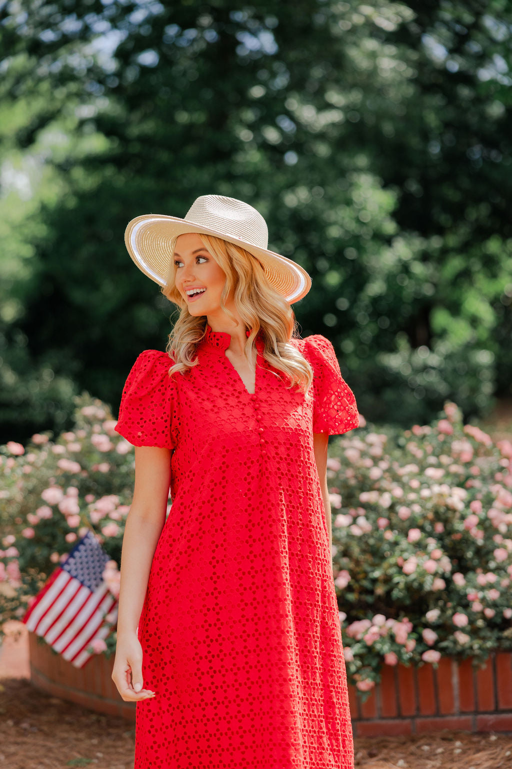 Eyelet Ruffle Mock Neck Midi Dress