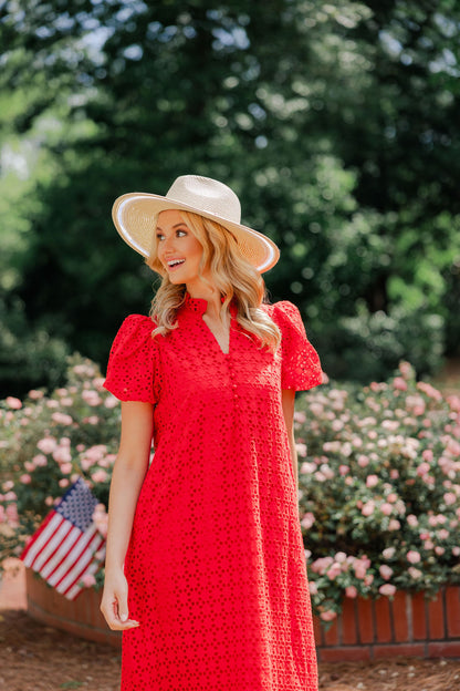 Eyelet Ruffle Mock Neck Midi Dress