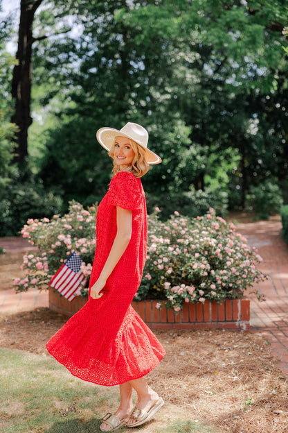Eyelet Ruffle Mock Neck Midi Dress