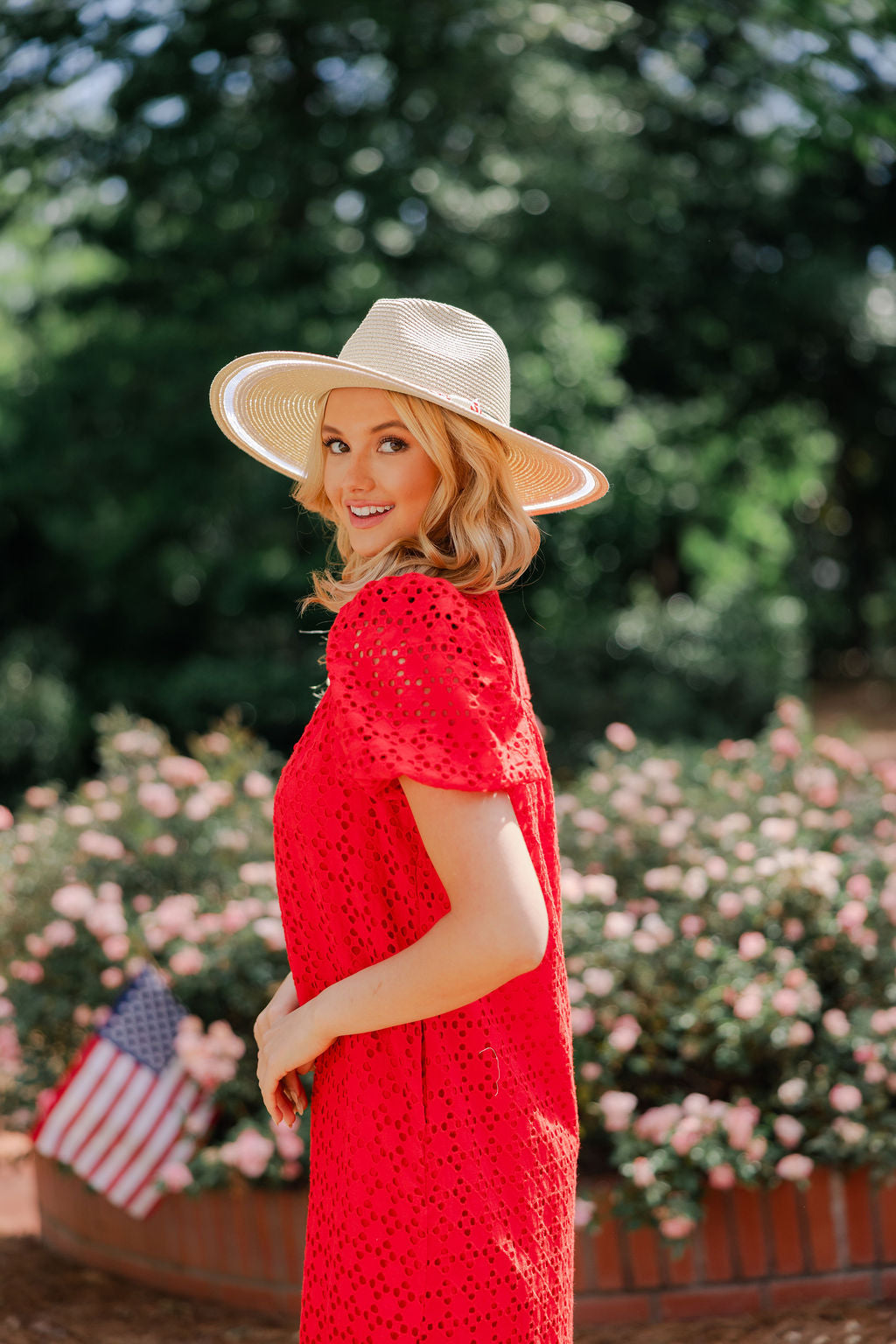 Eyelet Ruffle Mock Neck Midi Dress