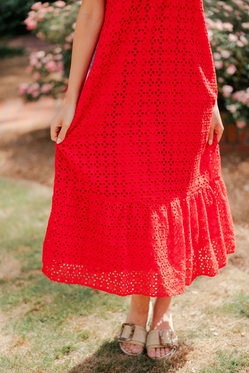 Eyelet Ruffle Mock Neck Midi Dress