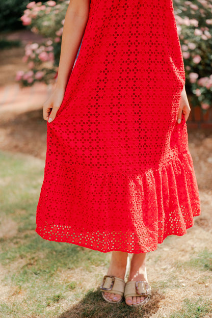Eyelet Ruffle Mock Neck Midi Dress
